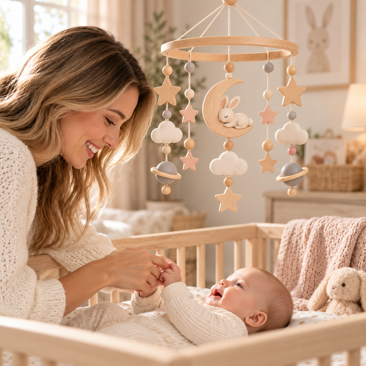Wooden Baby Crib Mobile Toy – Montessori-Inspired Nursery Hanging Toy