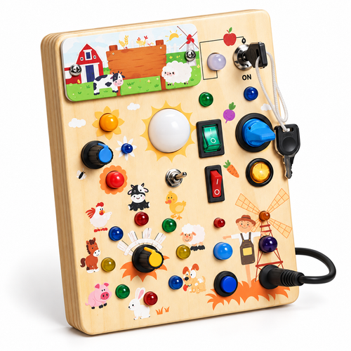 Wooden LED Busy Board with Farm Illustrations and Activity Switches