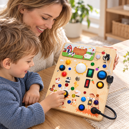 Wooden LED Busy Board with Farm Illustrations and Activity Switches