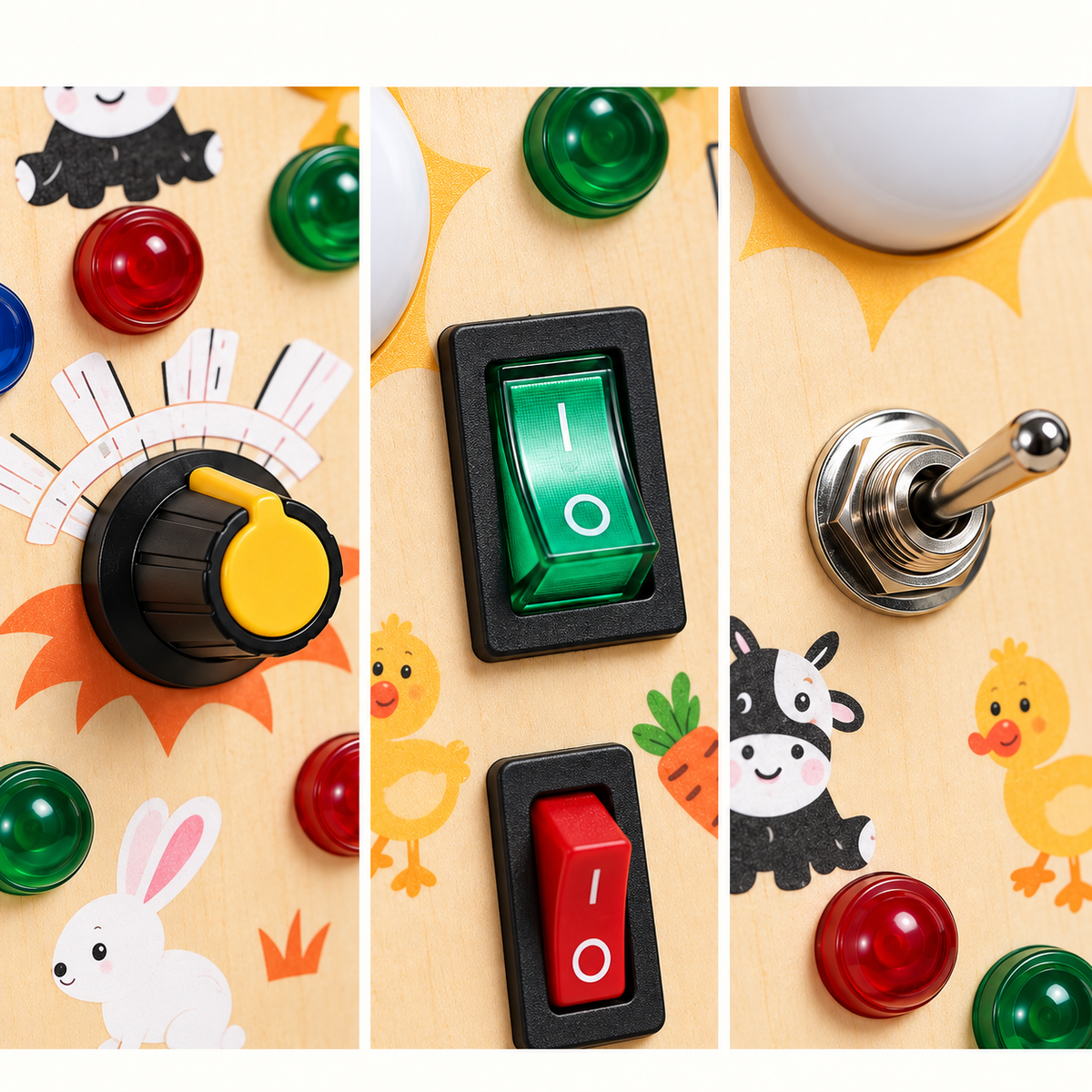 Wooden LED Busy Board with Farm Illustrations and Activity Switches