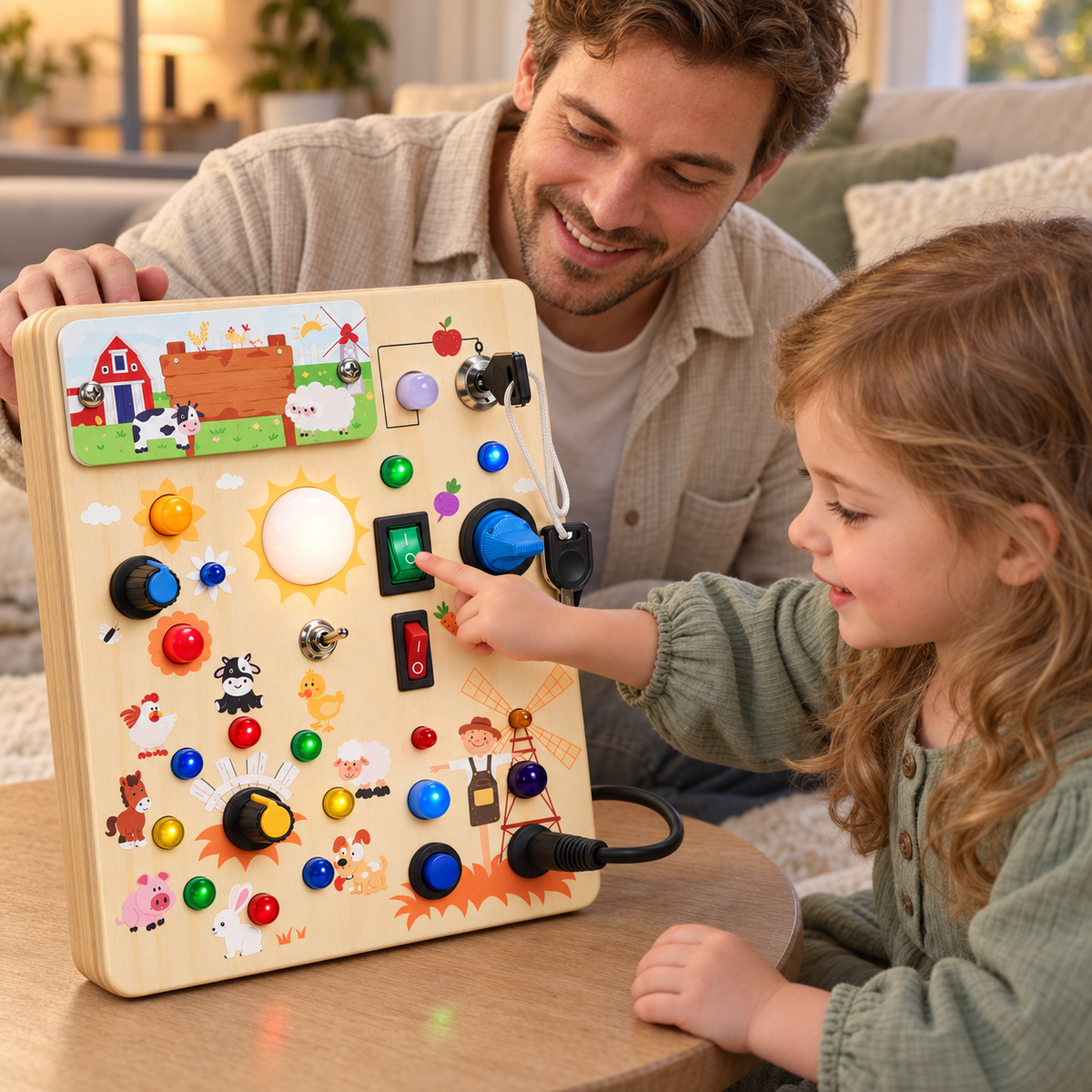 Wooden LED Busy Board with Farm Illustrations and Activity Switches
