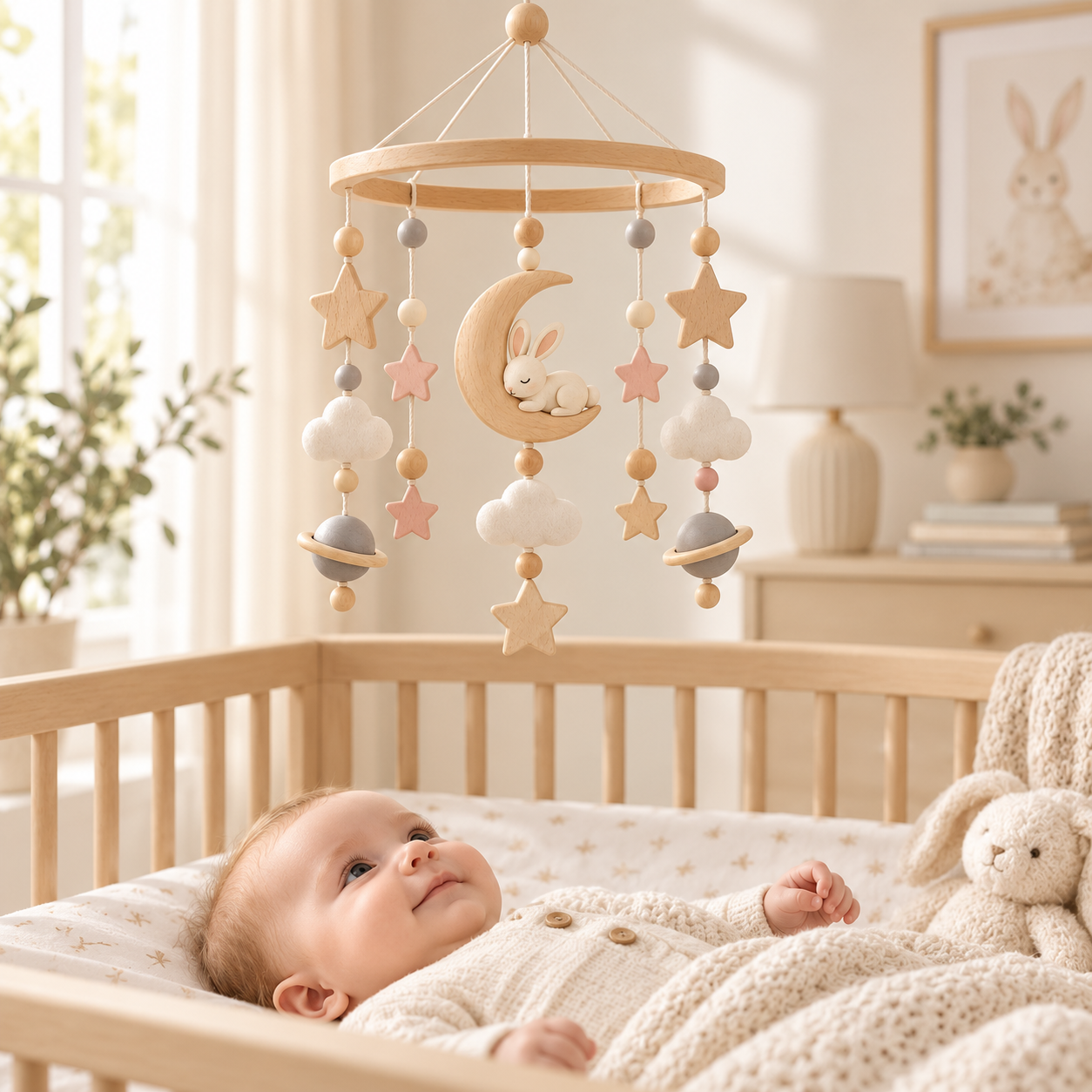 Wooden Baby Crib Mobile Toy – Montessori-Inspired Nursery Hanging Toy